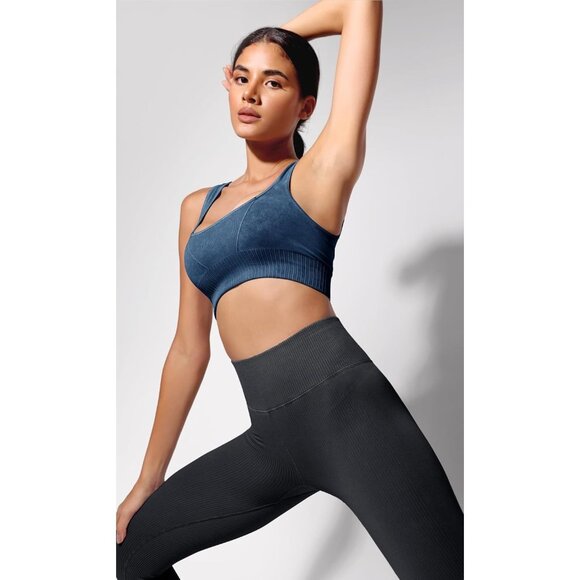 Women's Stone Washing Cobalt Blue Square Neck Low Back Ribbed Cropped Sports Bra - Picture 4 of 5